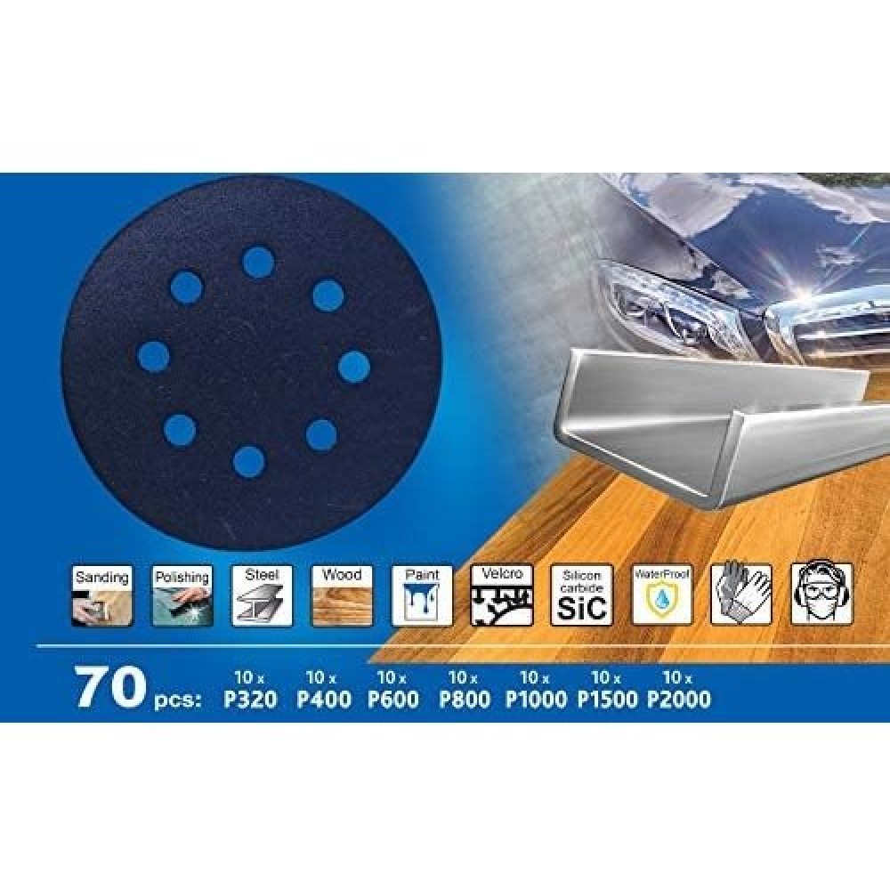 Набір шліфувальних аркушів S&R 125 мм 70 шт 8 отворів вологостійкий(232125070) Набір шліфувальних аркушів S&R 125 мм 70 шт 8 отворів вологостійкий(232125070)