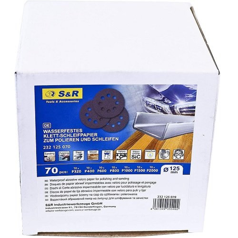 Набір шліфувальних аркушів S&R 125 мм 70 шт 8 отворів вологостійкий(232125070) Набір шліфувальних аркушів S&R 125 мм 70 шт 8 отворів вологостійкий(232125070)