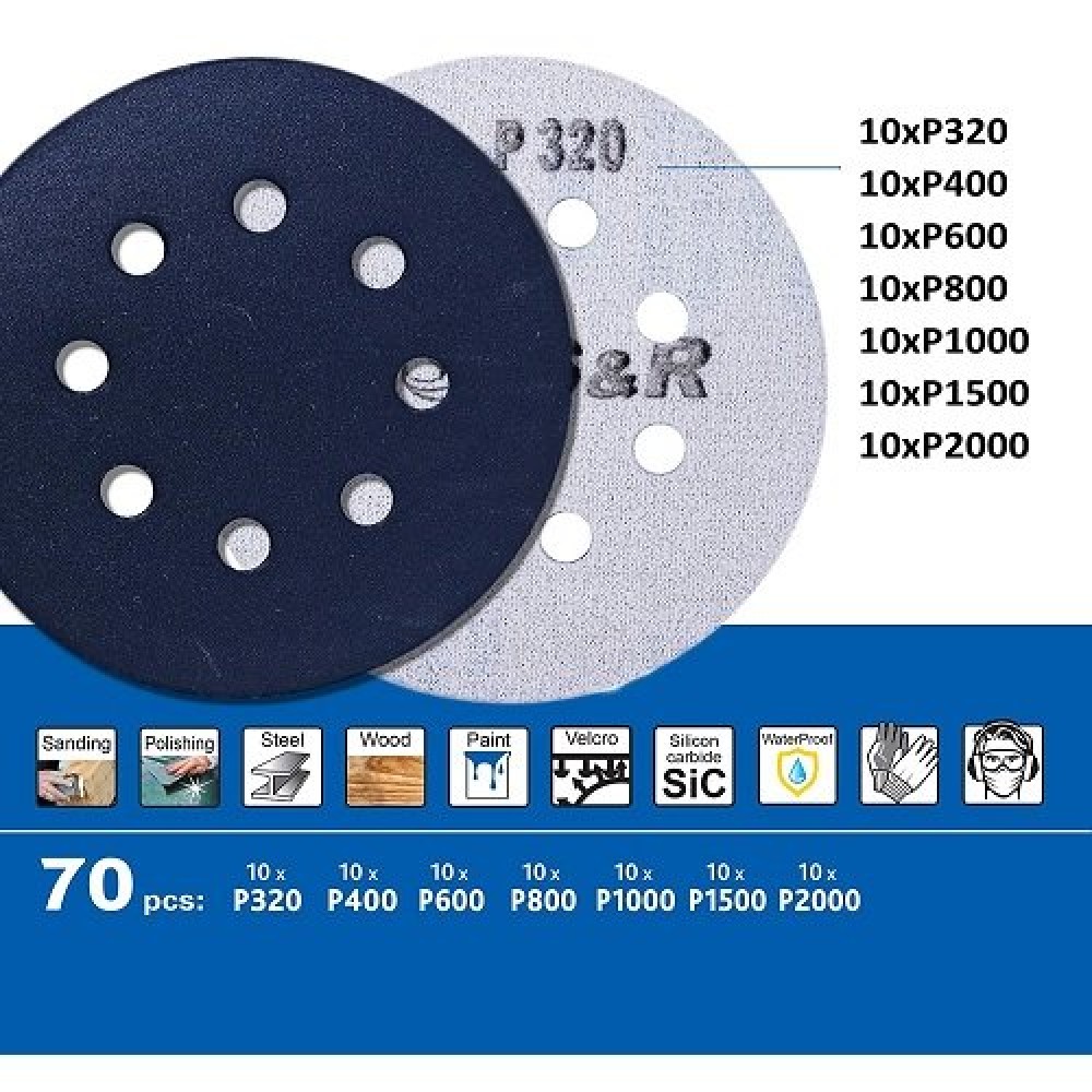 Набір шліфувальних аркушів S&R 125 мм 70 шт 8 отворів вологостійкий(232125070) Набір шліфувальних аркушів S&R 125 мм 70 шт 8 отворів вологостійкий(232125070)