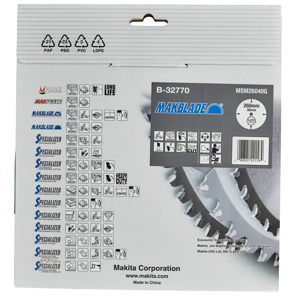 Пиляльний диск MAKBlade: дерево 260x30 40T Makita B-32770 Пиляльний диск MAKBlade: дерево 260x30 40T Makita B-32770