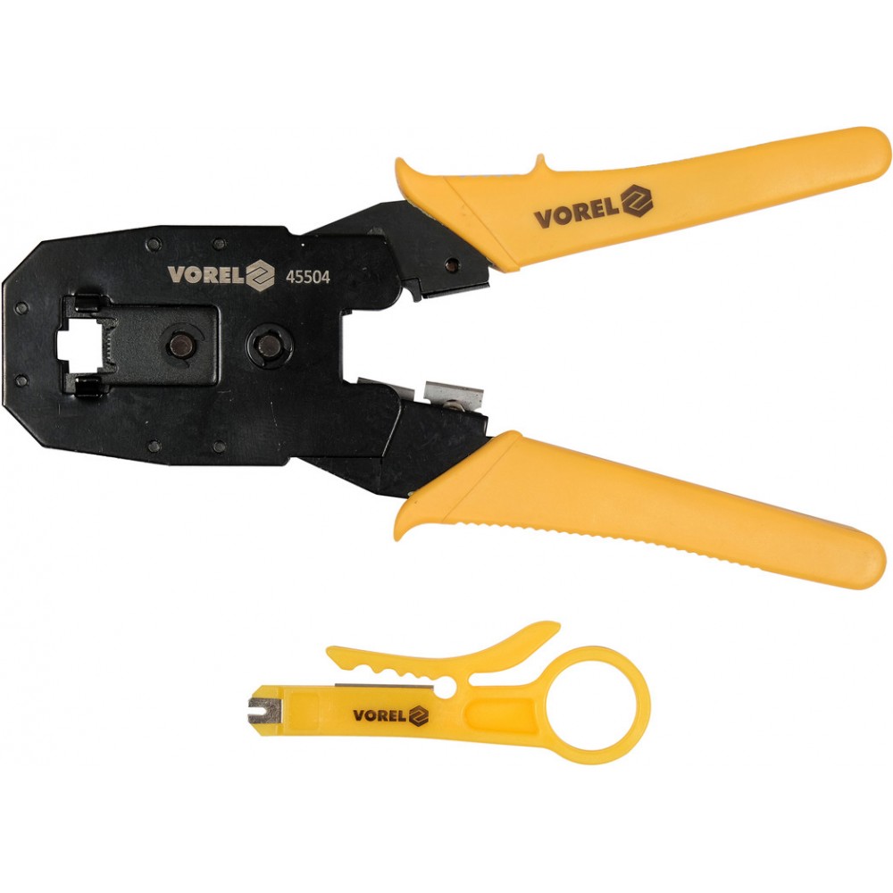 Кліщі для затискання телефонних і мережевих штепселів VOREL: L= 195 мм, RJ45 RJ10 RJ11 Кліщі для затискання телефонних і мережевих штепселів VOREL: L= 195 мм, RJ45 RJ10 RJ11