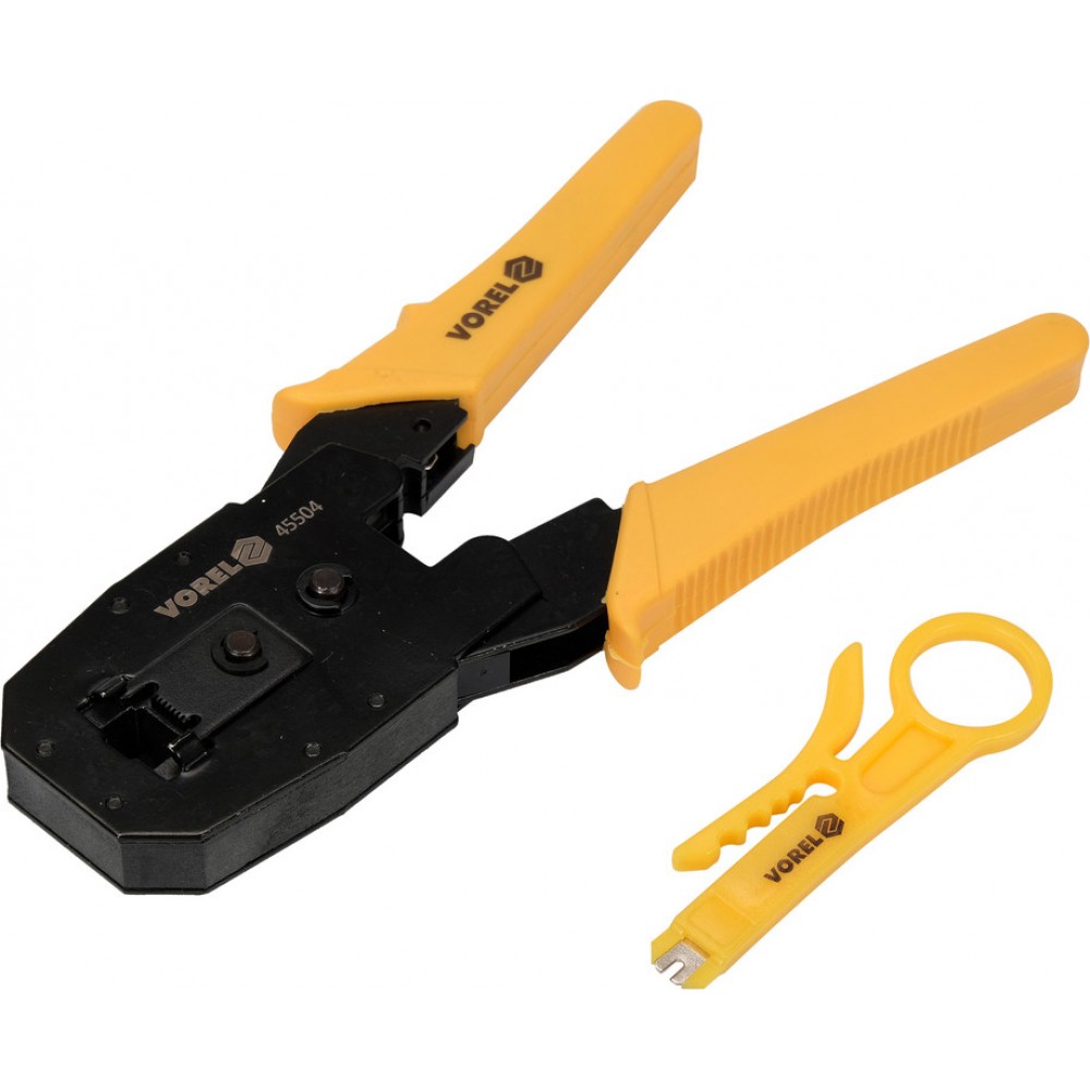 Кліщі для затискання телефонних і мережевих штепселів VOREL: L= 195 мм, RJ45 RJ10 RJ11 Кліщі для затискання телефонних і мережевих штепселів VOREL: L= 195 мм, RJ45 RJ10 RJ11