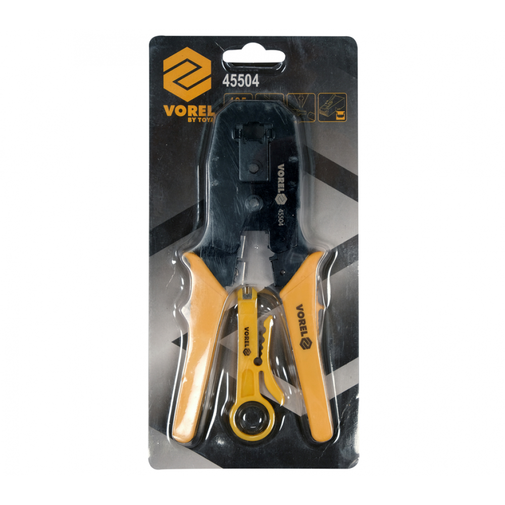 Кліщі для затискання телефонних і мережевих штепселів VOREL: L= 195 мм, RJ45 RJ10 RJ11 Кліщі для затискання телефонних і мережевих штепселів VOREL: L= 195 мм, RJ45 RJ10 RJ11