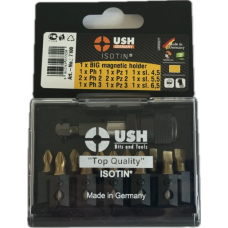 Набір насадок викруткових Isotin USH: 1/4", PH1, 2xPH2, PZ1, 2xPZ2, SL4.5- 6.5 магнітн тримач, 12ел.