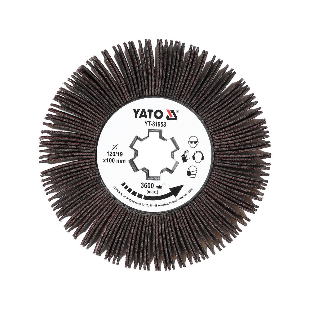 Щітка-вал до шліфувально-брашувальної машинки YATO з абразивних пелюстків, Ø= 120/19, шир.- 100 мм Щітка-вал до шліфувально-брашувальної машинки YATO з абразивних пелюстків, Ø= 120/19, шир.- 100 мм
