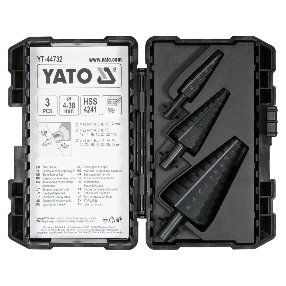 Свердла конічні ступінчасті по металу YATO Ø= 4-12; 4-22; 6-38 мм, матеріал HSS 4241, 3 шт. [6/24]