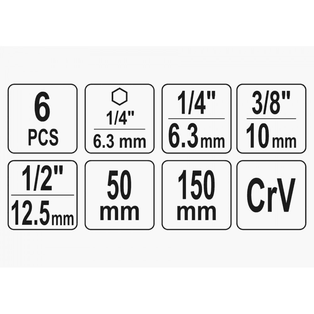 Тримачі-адаптери торцевих головок YATO 1/4" 3/8" 1/2" 50/150 мм HEX-1/4" 6 шт Тримачі-адаптери торцевих головок YATO 1/4" 3/8" 1/2" 50/150 мм HEX-1/4" 6 шт