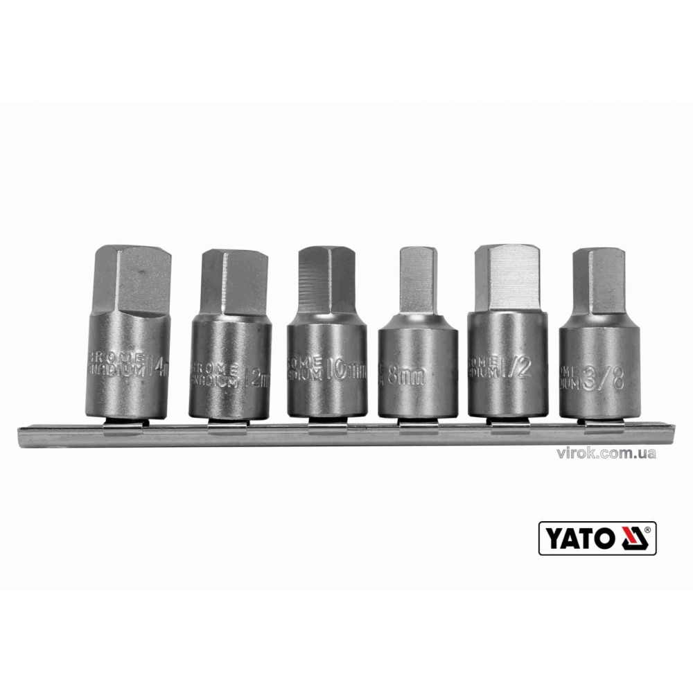Набір торцевих головок для оливозливних пробок YATO 3/8" 3/8" 1/2" 8-10-12-14 мм 6 шт Набір торцевих головок для оливозливних пробок YATO 3/8" 3/8" 1/2" 8-10-12-14 мм 6 шт