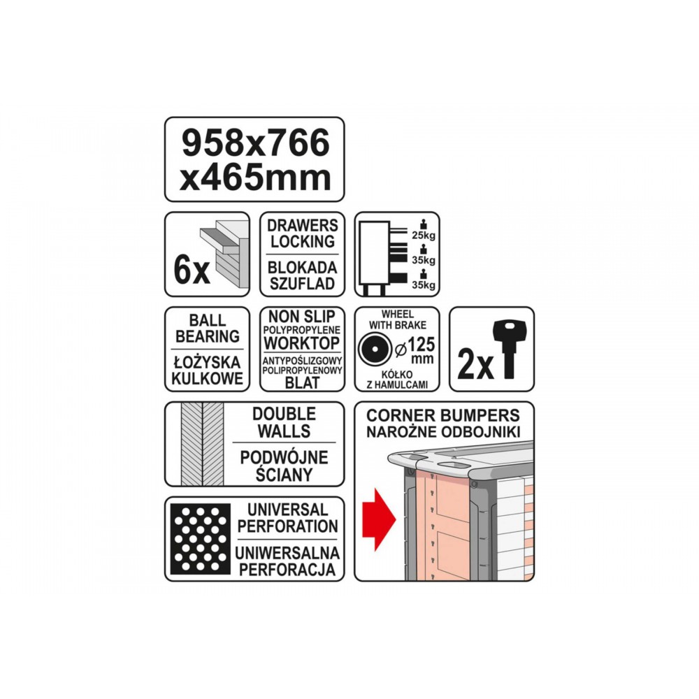 Шафа-візок для інструментів YATO 958 x 766 x 465 мм з 6 шухлядами Шафа-візок для інструментів YATO 958 x 766 x 465 мм з 6 шухлядами