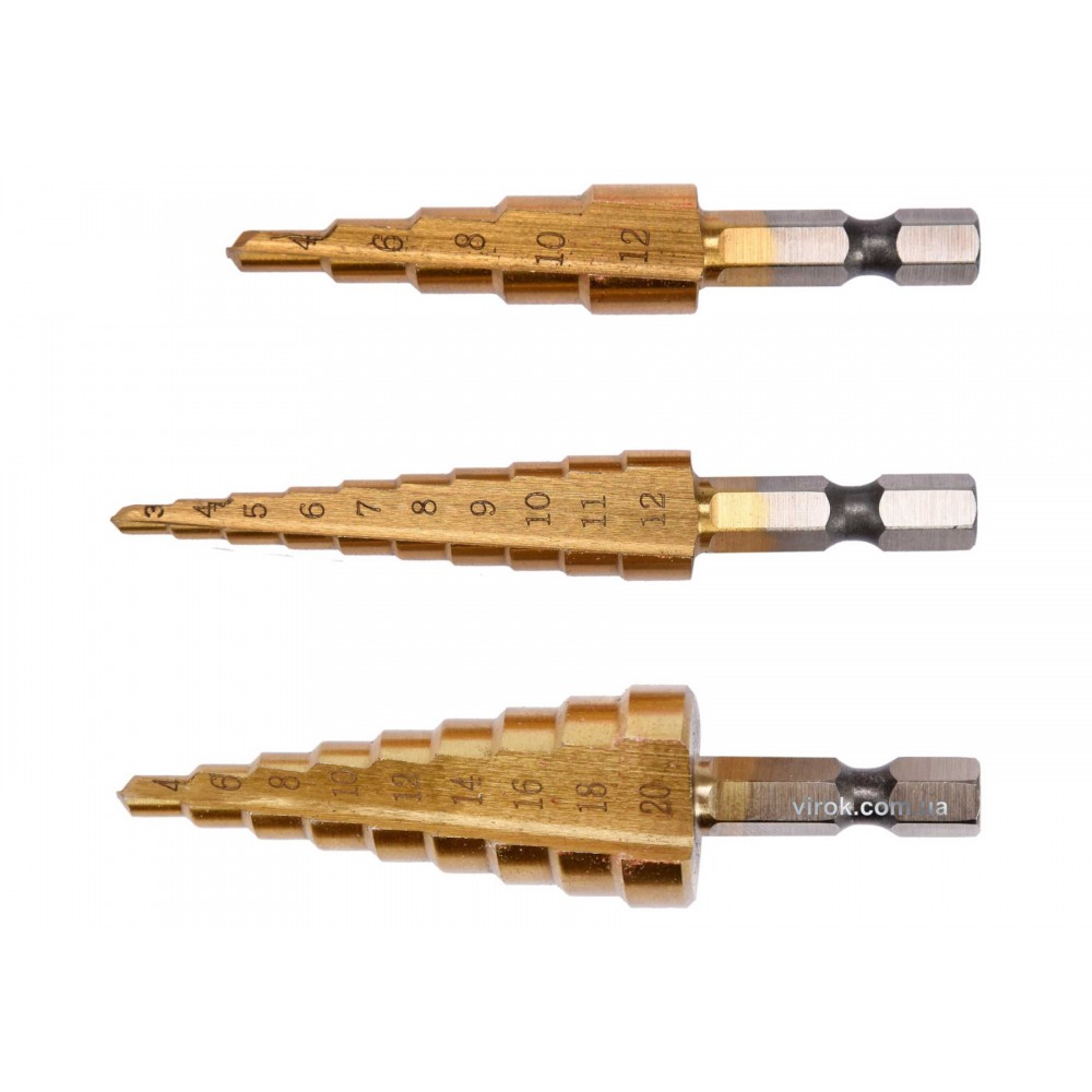 Свердла по металу конусні титанові YATO HEX-1/4" HSS 4241 3-12 мм, 4-12 мм, 4-20 мм 3 шт Свердла по металу конусні титанові YATO HEX-1/4" HSS 4241 3-12 мм, 4-12 мм, 4-20 мм 3 шт