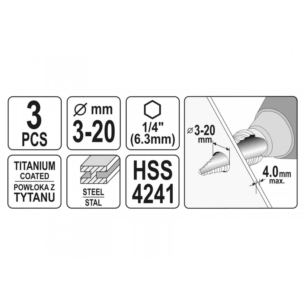 Свердла по металу конусні титанові YATO HEX-1/4" HSS 4241 3-12 мм, 4-12 мм, 4-20 мм 3 шт Свердла по металу конусні титанові YATO HEX-1/4" HSS 4241 3-12 мм, 4-12 мм, 4-20 мм 3 шт