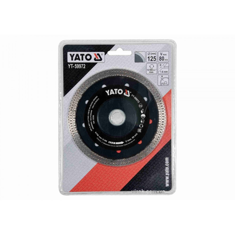 Диск відрізний алмазний по гресу, склу, кераміці для мокрої та сухої різки YATO 125 x 1.6 x 10 x 22.2 мм Диск відрізний алмазний по гресу, склу, кераміці для мокрої та сухої різки YATO 125 x 1.6 x 10 x 22.2 мм