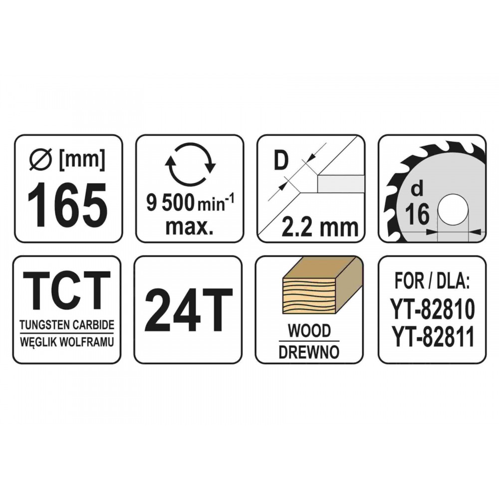 Диск пиляльний по дереву YATO 165 x 16 x 2.2 x 1.5 мм 24 зубці R.P.M до 9500 1/хв Диск пиляльний по дереву YATO 165 x 16 x 2.2 x 1.5 мм 24 зубці R.P.M до 9500 1/хв
