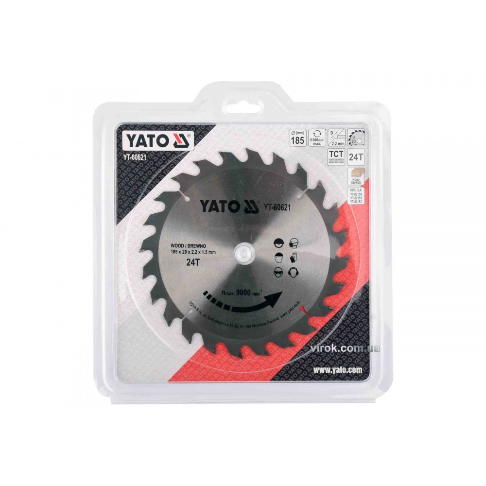 Диск пиляльний по дереву YATO 185 x 20 x 2.2 x 1.5 мм 24 зубці R.P.M до 9500 1/хв Диск пиляльний по дереву YATO 185 x 20 x 2.2 x 1.5 мм 24 зубці R.P.M до 9500 1/хв