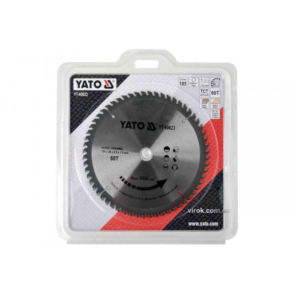 Диск пиляльний по дереву YATO 185 x 20 x 2.2 x 1.5 мм 60 зубців R.P.M до 9000 1/хв Диск пиляльний по дереву YATO 185 x 20 x 2.2 x 1.5 мм 60 зубців R.P.M до 9000 1/хв