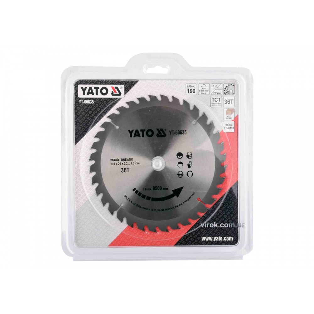 Диск пиляльний по дереву YATO 190 x 20 x 2.2 x 1.5 мм 36 зубців R.P.M до 8500 1/хв Диск пиляльний по дереву YATO 190 x 20 x 2.2 x 1.5 мм 36 зубців R.P.M до 8500 1/хв