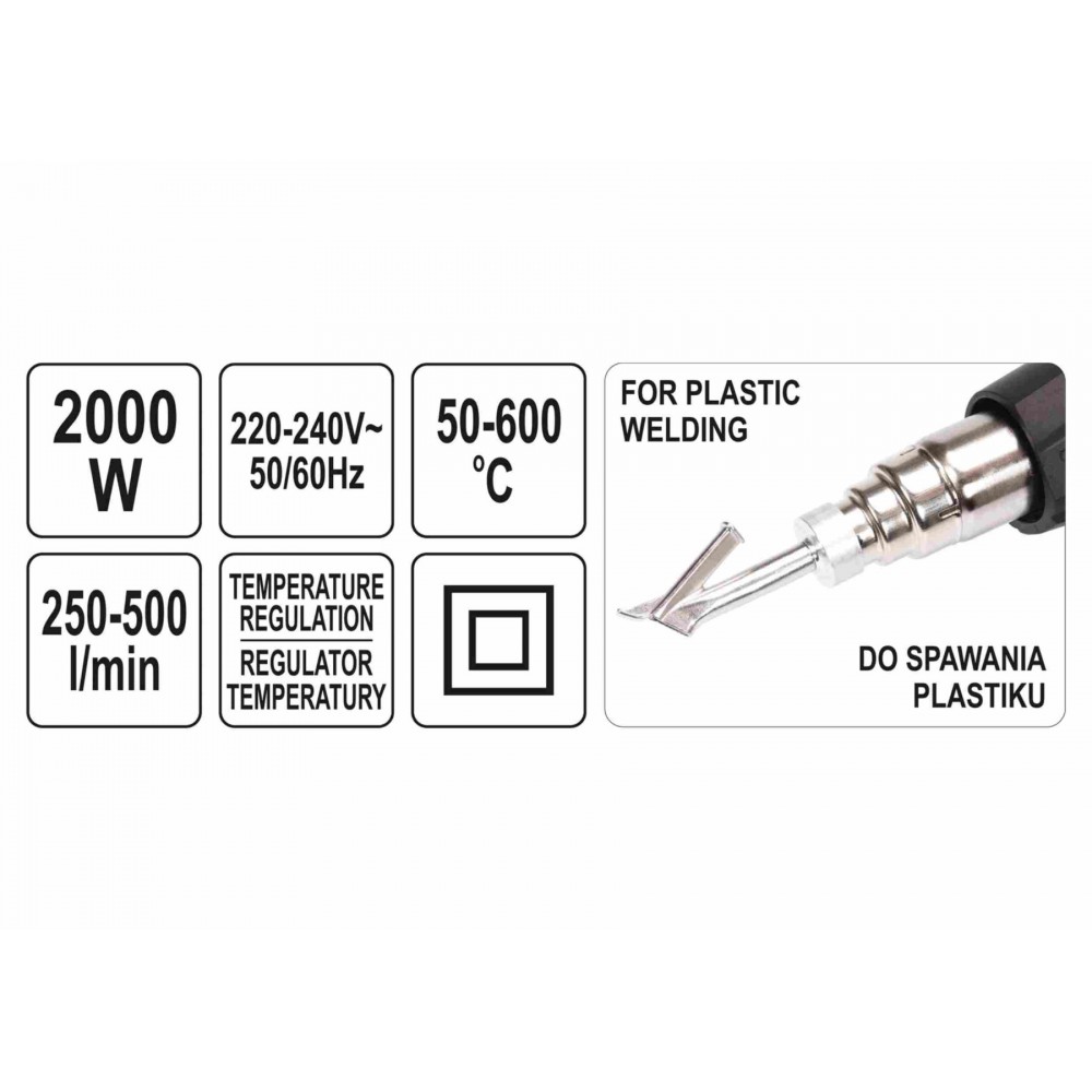Фен технічний мережевий YATO 2 кВт 50-600° 250-500 л/хв 7 режимів температури + 5 насадки Фен технічний мережевий YATO 2 кВт 50-600° 250-500 л/хв 7 режимів температури + 5 насадки
