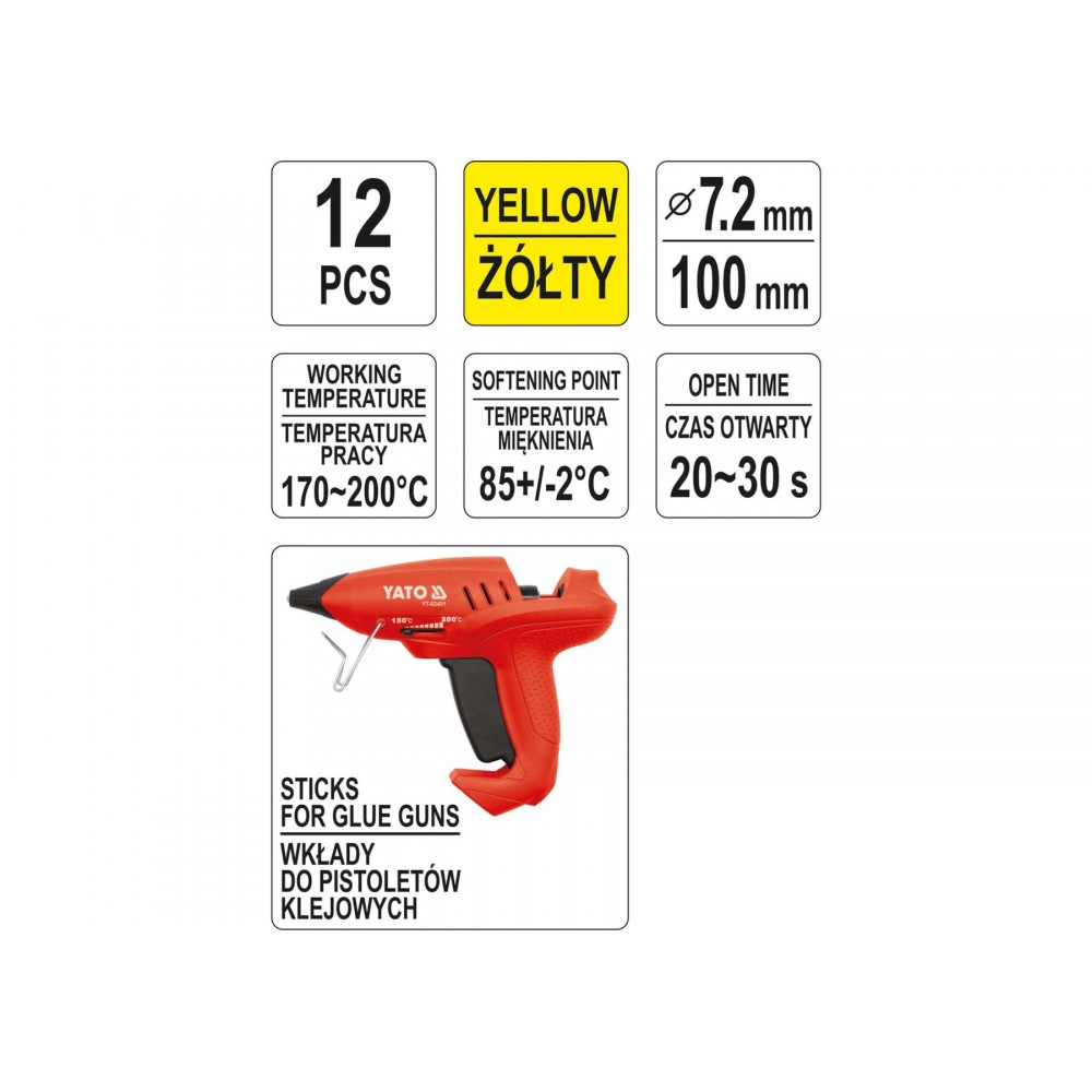 Стержні клейові жовті YATO 7.2 х 100 мм 12 шт Стержні клейові жовті YATO 7.2 х 100 мм 12 шт